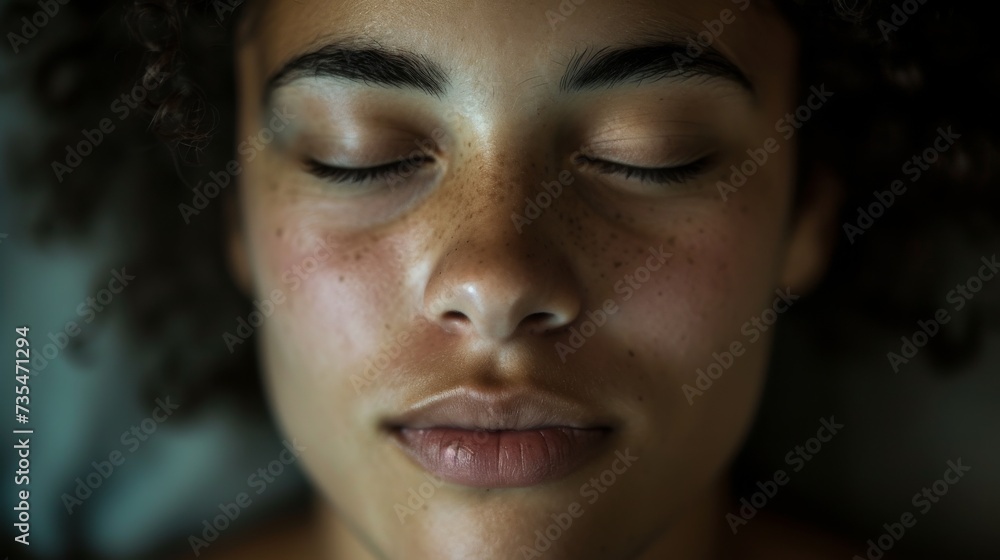 The delicate features of a woman's face, adorned with dark lashes and bold lipstick, draw the viewer in for a captivating portrait The delicate features of a woman's face, adorned with dark lashes and bold lipstick, draw the viewer in for a captivating portrait