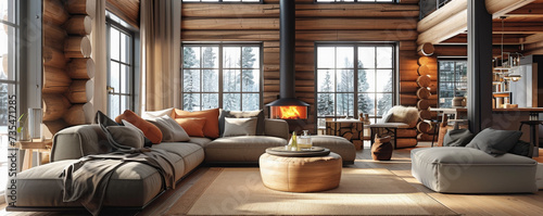 Salon de una cabaña de montaña lujosa con paredes de troncos de madera , chimenea metalica antigua encendida, sofa con rinconera con cojines en tonos neutros y naranjas photo