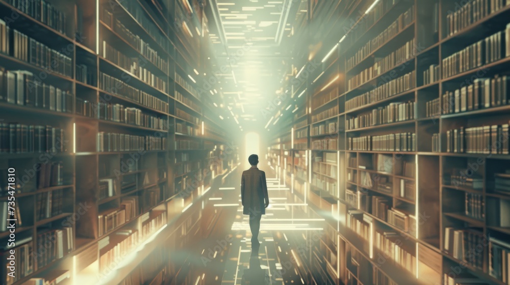 Amidst the towering shelves of books, a solitary figure wanders through the hushed halls of knowledge in the heart of the city, bathed in the warm glow of the library's soft light Amidst the towering shelves of books, a solitary figure wanders through the hushed halls of knowledge in the heart of the city, bathed in the warm glow of the library's soft light