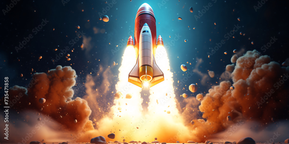 a rocket taking off from a rocket ship - obrazy, fototapety, plakaty 