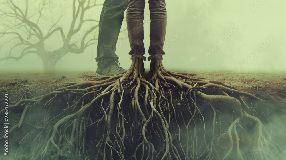 A person stands in the foggy outdoors, their legs and feet rooted like ...