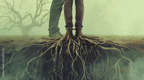 A person stands in the foggy outdoors, their legs and feet rooted like a tree, symbolizing their connection to nature and their strong foundation photo