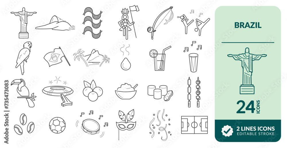 Obraz premium BRAZIL LINE EDITABLE ICONS SET. WONDERFUL ICONS OF BRAZIL, WEALTH AND BEAUTY. IMAGES OF RIO DE JANEIRO, CHRIST THE REDEEMER, CARNIVAL, COPACABANA, IPANEMA, SAMBA AND TYPICAL FOODS