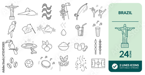 BRAZIL LINE EDITABLE ICONS SET.
WONDERFUL ICONS OF BRAZIL, WEALTH AND BEAUTY.  IMAGES OF RIO DE JANEIRO, CHRIST THE REDEEMER, CARNIVAL, COPACABANA, IPANEMA, SAMBA AND TYPICAL FOODS