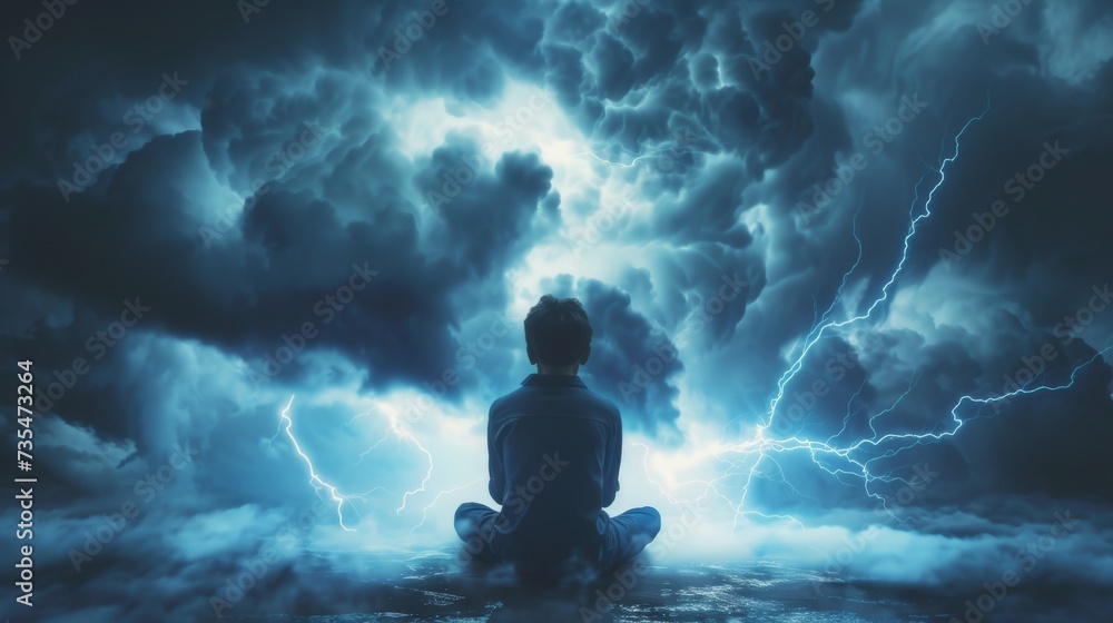 A lone figure gazes in awe at the tempestuous display of nature's power, mesmerized by the crackling bolts of lightning that illuminate the dark, brooding storm clouds above