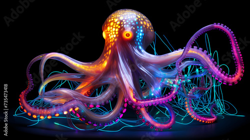 Octopus Plexus Neon Black Background Digital Desktop Wallpaper HD 4k Network Light Glowing Laser Motion Bright Abstract 