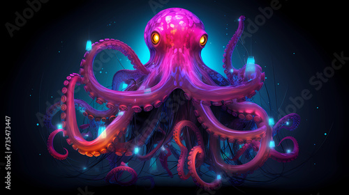 Octopus Plexus Neon Black Background Digital Desktop Wallpaper HD 4k Network Light Glowing Laser Motion Bright Abstract	
