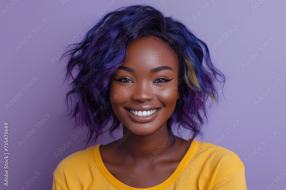 Vibrant Portrait of a Cheerful Happy Smiling Young African-American Woman with Colorful Hair Isolated on Light Purple Background. Generative AI.
Vibrant Portrait of a Cheerful Happy Smiling Young African-American Woman with Colorful Hair Isolated on Light Purple Background. Generative AI.