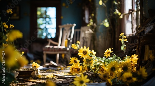 Interior view of a destroyed room in an abandoned house, room, place, with and old chair, overgrown with flowers