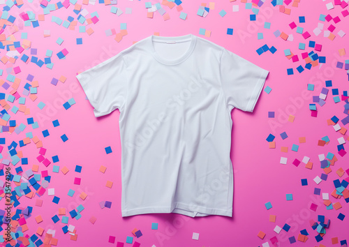 Advertising shot from above of white clean t-shirt with colored confetti around on pink background