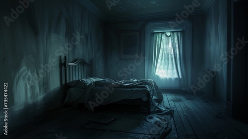 A lone bed sits in an abandoned room, its walls decayed and the darkness broken only by a sliver of light