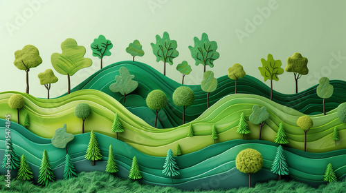Paysage verdoyant montrant des collines et des arbres en monochrome de vert, idéal pour illustrer les rapports RSE et ESG des entreprises photo