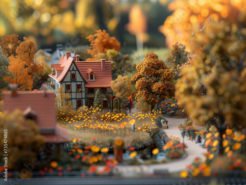 Diorama d'une petite maison alsacienne dans la campagne, maison médiévale à colombages