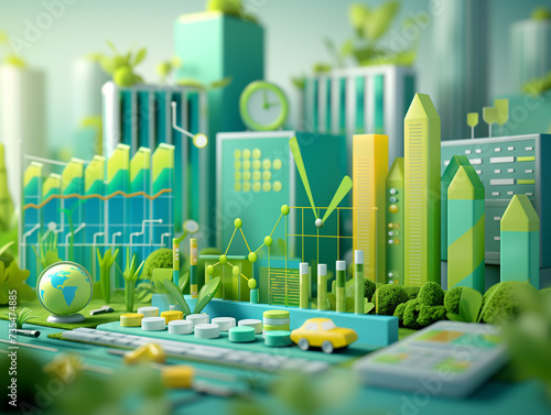 Paysage 3D dans les tons verts mêlant centre d'affaire, immeubles en ville, graphiques et nature : rapport ESG et RSE, finances vertes, croissance verte et impact environnemental des entreprises photo