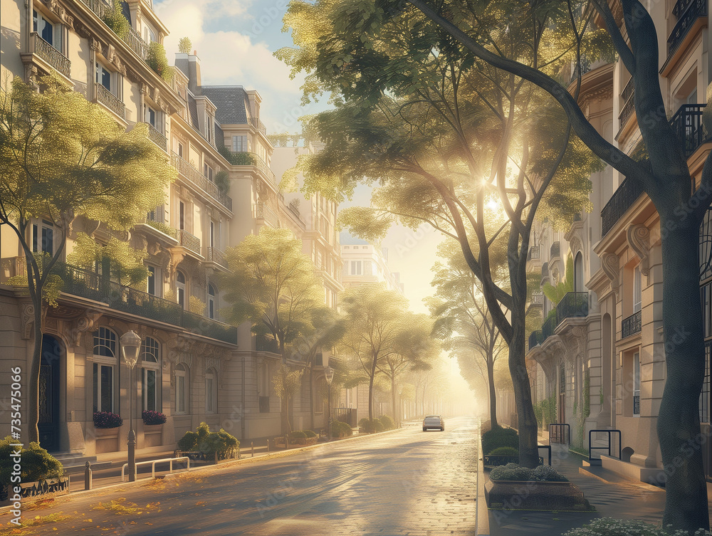 Avenue à Paris bordée d'immeubles haussmanniens, patrimoine historique, jour de soleil - obrazy, fototapety, plakaty 
