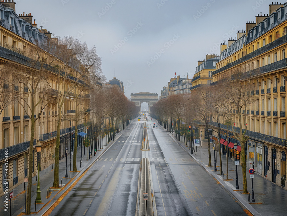 Fototapeta premium Avenue à Paris bordée d'immeubles haussmanniens, patrimoine historique, jour de grisaille après la pluie, automne à Paris