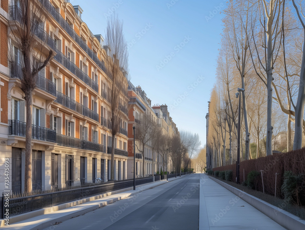 Avenue à Paris bordée d'immeubles haussmanniens, patrimoine historique, jour sans nuage 