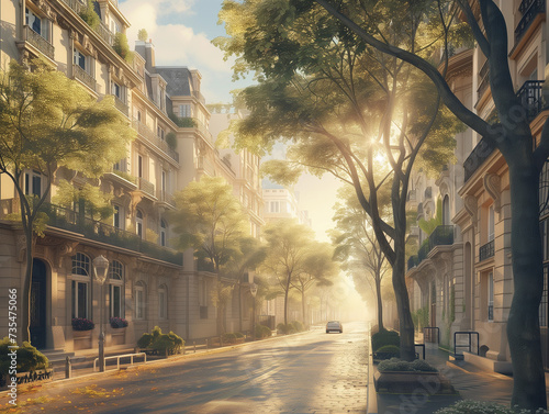 Avenue à Paris bordée d'immeubles haussmanniens, patrimoine historique, jour de soleil
