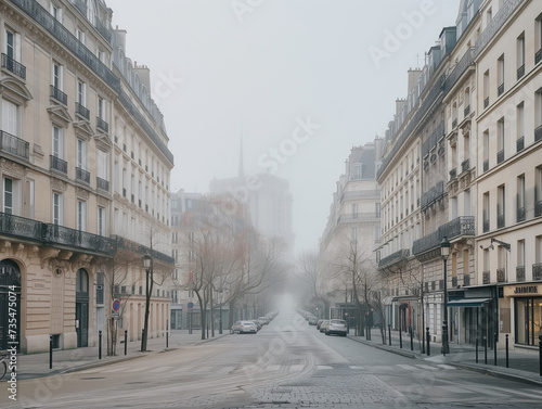 Avenue à Paris bordée d'immeubles haussmanniens, patrimoine historique, jour de grisaille, automne à Paris