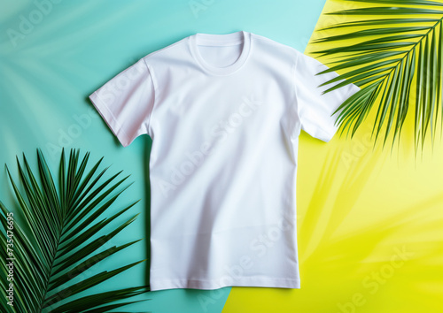 Advertising shot from above of white clean no brand t-shirt, areca palm decorations on yellow blue background