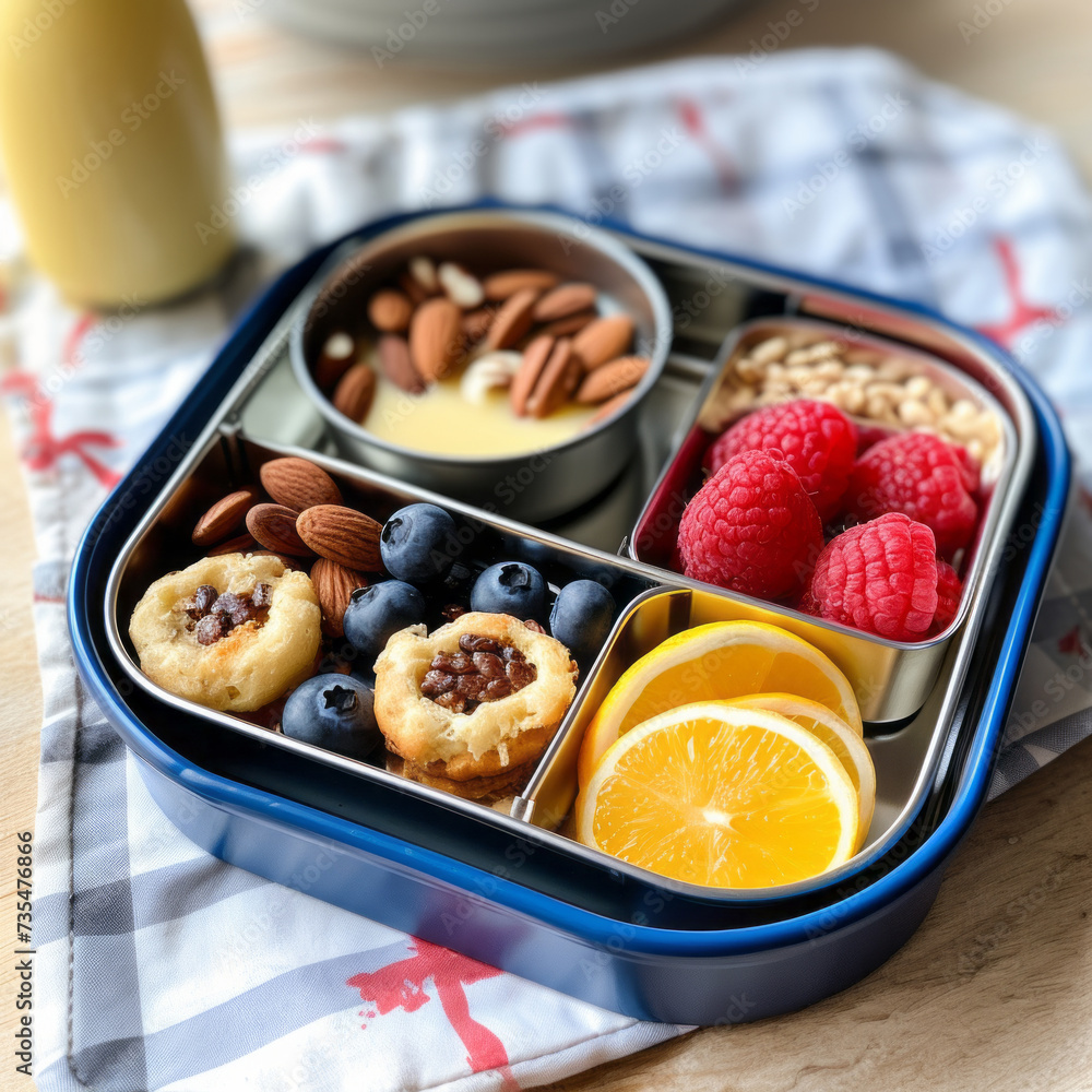 kids lunch in a small box with nuts, oranges, berries and cookies for primary school kids lunch in a small box with nuts, oranges, berries and cookies for primary school