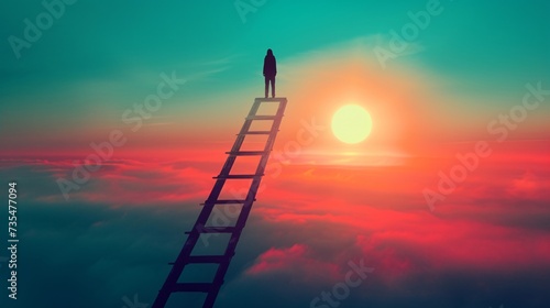 a person standing on a ladder above clouds