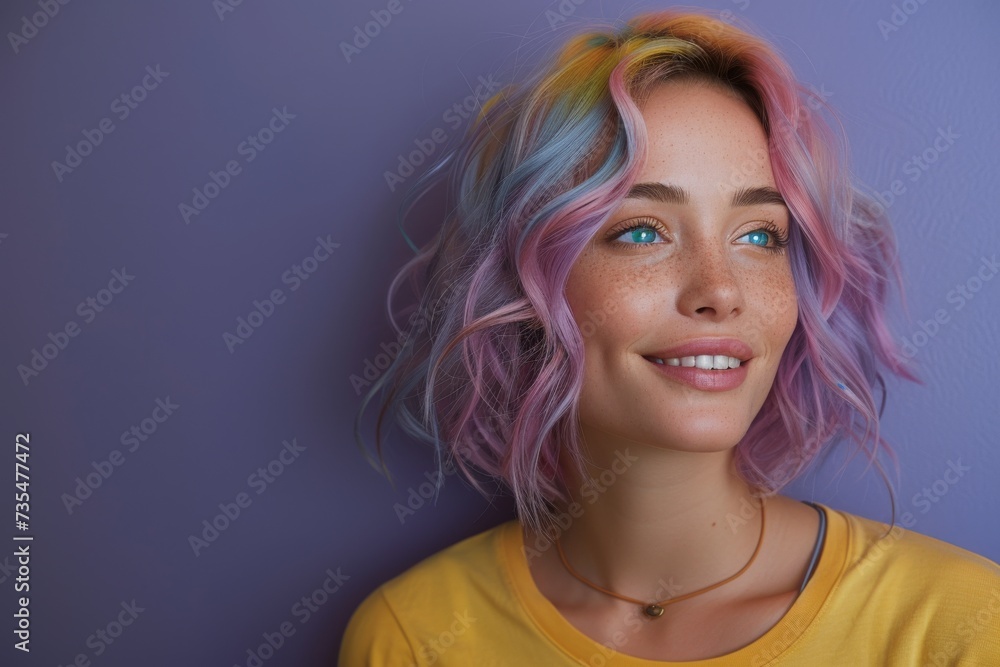Vibrant Portrait of a Cheerful Happy Smiling Young Irish Woman with Colorful Hair Isolated on Light Purple Background. Generative AI.
Vibrant Portrait of a Cheerful Happy Smiling Young Irish Woman with Colorful Hair Isolated on Light Purple Background. Generative AI.