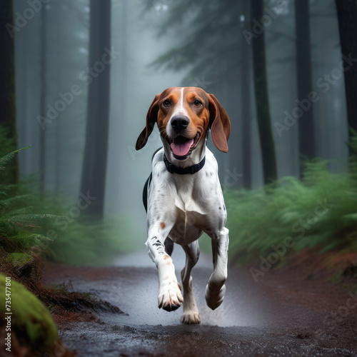 Portrait of an American English Coonhound. Happy dog in the forest.