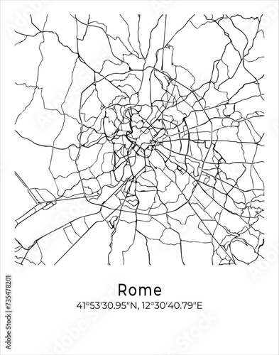 Rome city map. Travel poster vector illustration with coordinates. Rome, Italy Map in light mode.