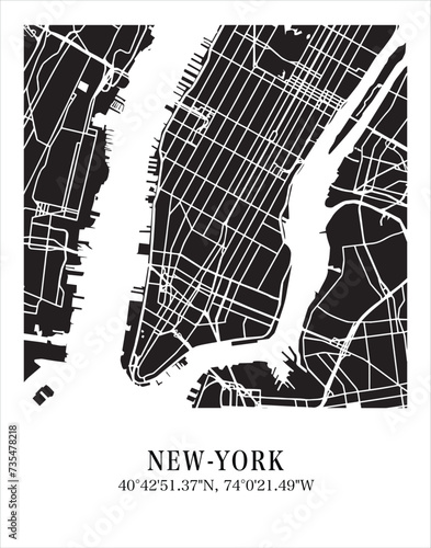 New-York city map. Travel poster vector illustration with coordinates. New-York, Manhattan, The United States Map in dark mode.