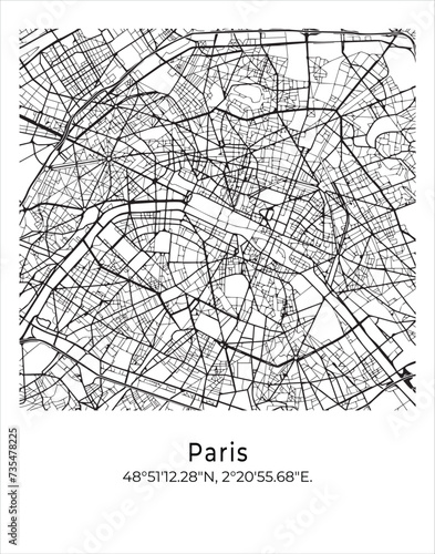 Paris city map. Travel poster vector illustration with coordinates. Paris, France Map in light mode.