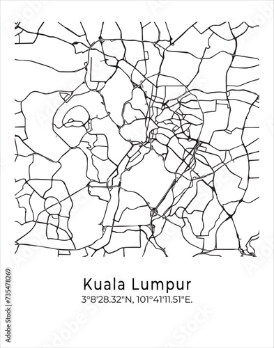 Kuala Lumpur city map. Travel poster vector illustration with coordinates. Kuala Lumpur, Malaysia Vector Map in light mode.