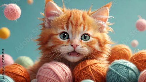 Cute ginger kitten hiding in multicolored wool yarn balls and looking at the camera.Love for pets concept.Generative AI photo