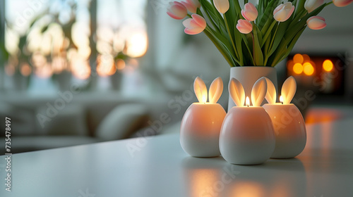 Candles with bunny ears on the table, against the background of tulips in a vase