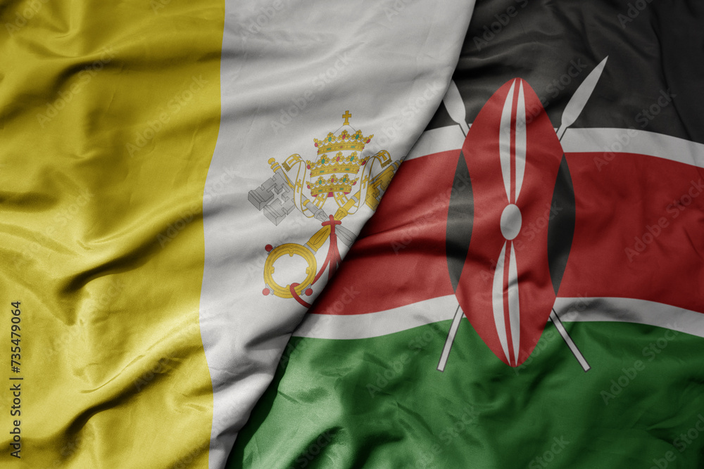 Fototapeta premium big waving national colorful flag of kenya and national flag of vatican city.