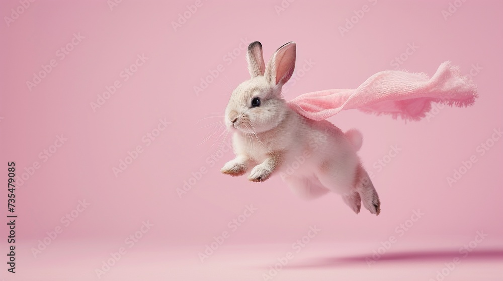 Funny baby bunny rabbit wearing superhero cloak jumping and flying on pastel pink background with copy space, concept of leap day, leap year, superhero, costume, greeting card and energetic. Funny baby bunny rabbit wearing superhero cloak jumping and flying on pastel pink background with copy space, concept of leap day, leap year, superhero, costume, greeting card and energetic.
