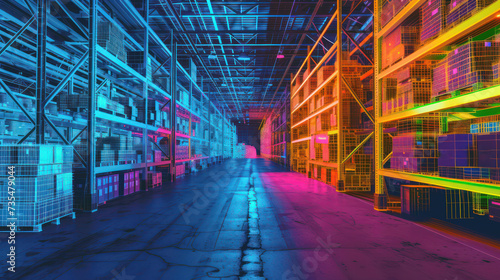 Futuristic neon warehouse interior with organized shelves and goods photo