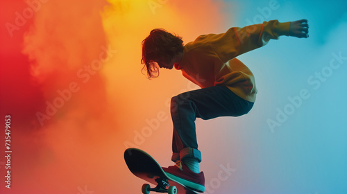 Youthful energetic teenager skateboarding on vivid colorful smoky glowing background with copy space, athletic silhouette of teen boy skating, copy space, concept of youth, pop art, sports.