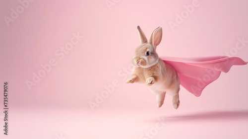 Funny baby bunny rabbit wearing superhero cloak jumping and flying on pastel pink background with copy space, concept of leap day, leap year, superhero, costume, greeting card and energetic.