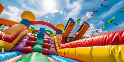 Inflatable bounce house water slide in the backyard, Colorful bouncy castle slide for children playground.