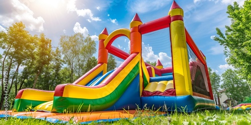 Inflatable bounce house water slide in the backyard, Colorful bouncy castle slide for children playground. photo
