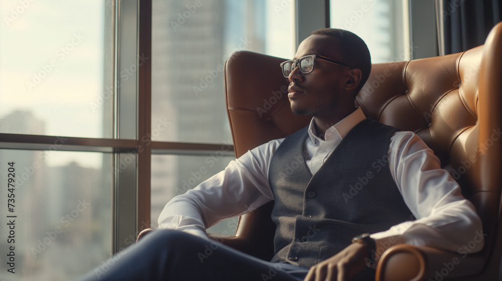 Confident serious focused stylish rich african black man sitting in chair at home looking away through window dreaming thinking of success, leadership, business vision, planning future in luxury life. - obrazy, fototapety, plakaty 
