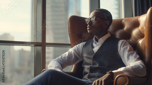 Confident serious focused stylish rich african black man sitting in chair at home looking away through window dreaming thinking of success, leadership, business vision, planning future in luxury life. photo