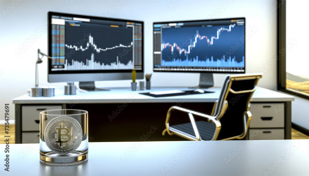 Modern office desk with high tech computer setup with bitcoin trading charts and a glass filled with bitcoin coins in the foreground. Bitcoin coin close up. Modern office desk with high tech computer setup with bitcoin trading charts and a glass filled with bitcoin coins in the foreground. Bitcoin coin close up.