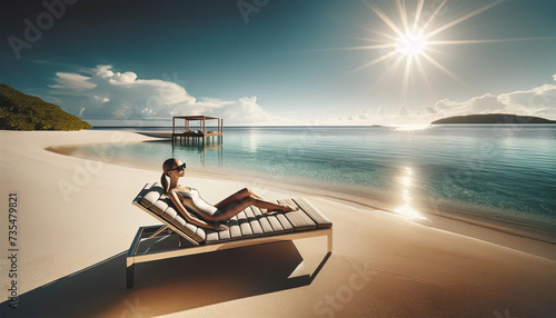 A young woman sunbathing on a luxury sun lounger located on a sandy beach with a panoramic view. She's wearing a chic, minimalist swimsuit and matching sunglasses that reflect the blazing sunlight.