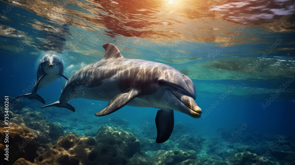 Dolphins swimming in the ocean, sunlight streaming through the water.