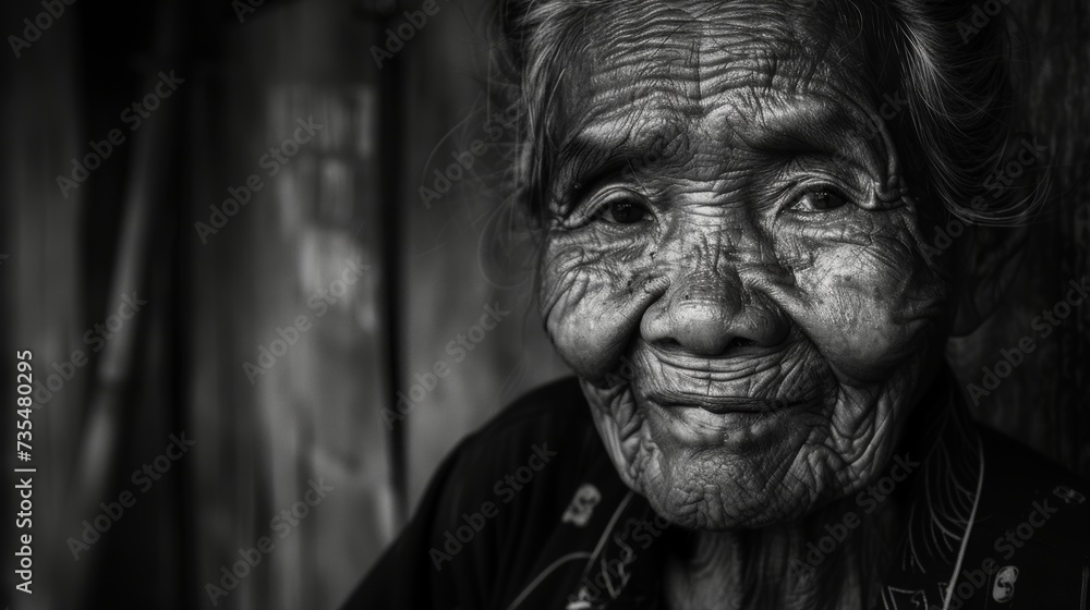 Graceful Beauty: Black and White Portrait of a Wise Elderly Woman