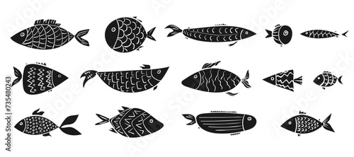Set of cartoon simple vector linocut sardine, trout, salmon fishes. Stylized digital hand drawn block print decorated aquarium or river animals for stickers, sea logo, prints design