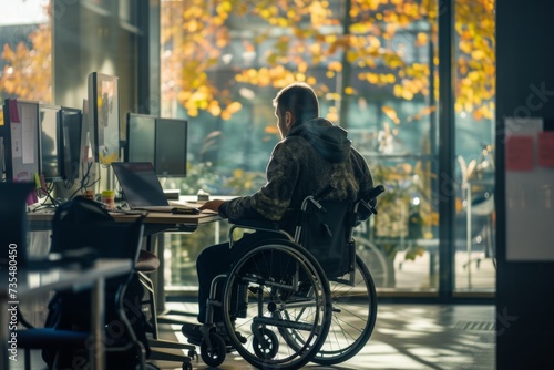 Inclusive Workplace: Man in Wheelchair Embracing Office Job with Equality and Empowerment