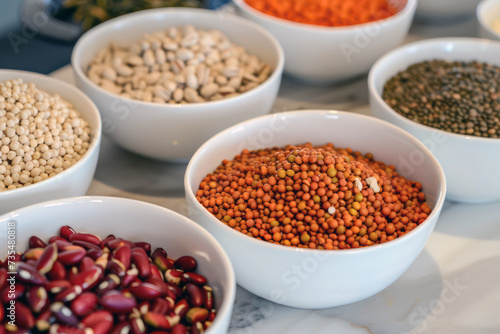 Assorted raw legumes in white bowls, high-protein ingredients for healthy cooking
